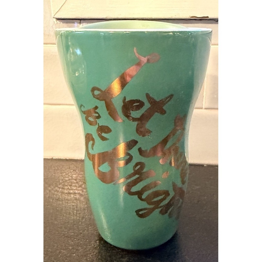 STARBUCKS Let There be Bright 2014 Holiday Travel Mug Green Gold Lettering W Lid